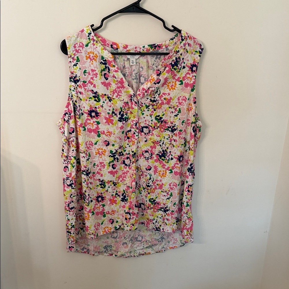 crown & ivy Floral V-Neck Sleeveless Top in Pink, Yellow, Green